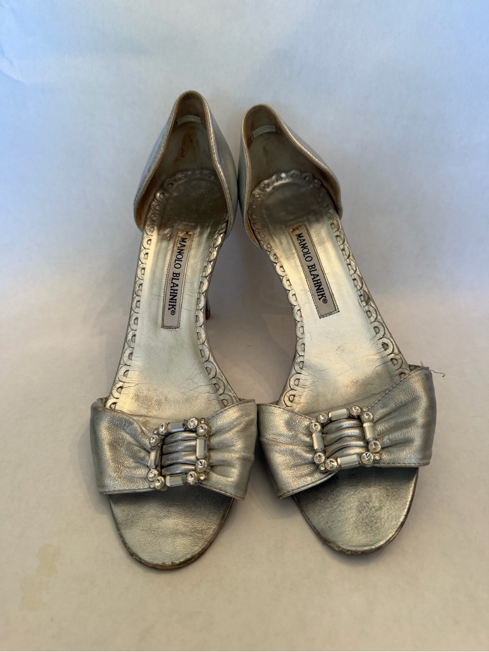 Manolo Blahnik Silver Metallic Open-Toe Bow Heels with Crystal Accents